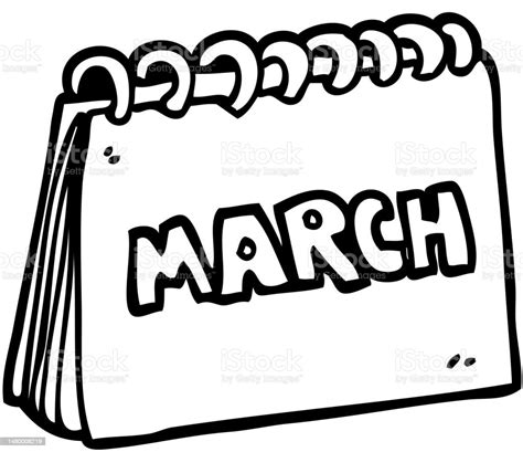 Kalender Kartun Gambar Garis Memperlihatkan Bulan Maret Ilustrasi Stok