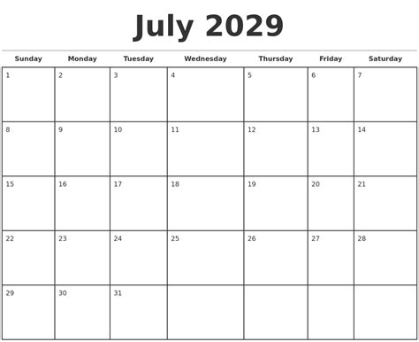 July 2029 Monthly Calendar Template