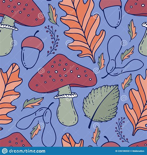 Bright Autumn Pattern Blue Autumn Background With Red Mushrooms