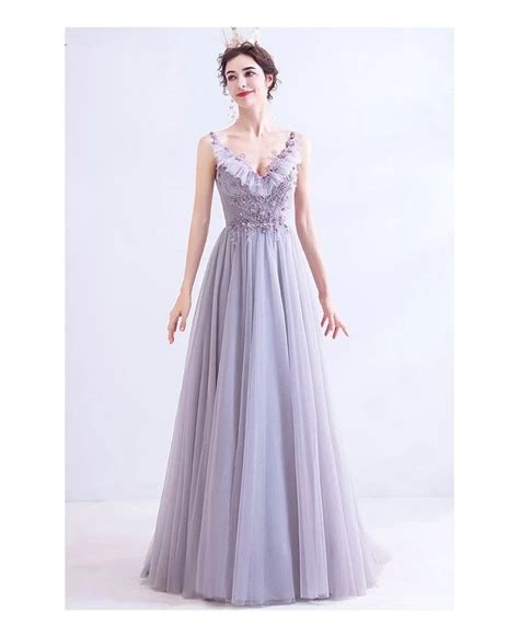 Light Purple Long Tulle Vneck Prom Dress With Beadings Wholesale