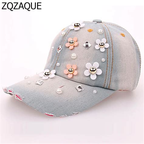 2018 Fashion Females Denim Baseball Caps Floral Decorated Diamonds All