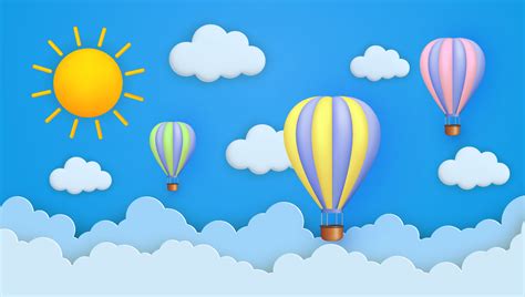 Cute Background With 3d Hot Air Balloons Clouds On A Blue Sky Paper Cut And 3d Cartoon Style