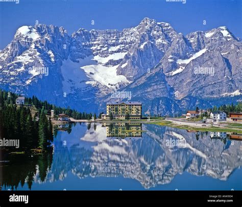Lake Misurina And Snowy Mountains Cortina Dampezzo Dolomites North
