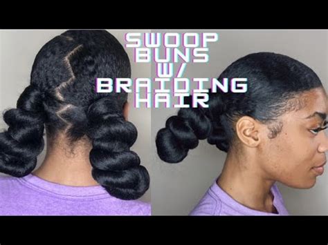 Swoop Ponytail With Two Low Buns Using Braiding Hair On Natural Hair