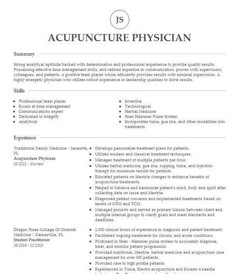 Acupuncture Physician Resume Example