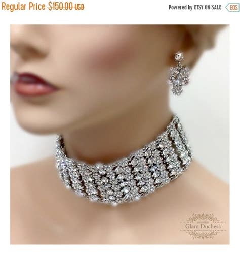 Bridal Choker Statement Necklace Earrings Vintage Inspired Crystal