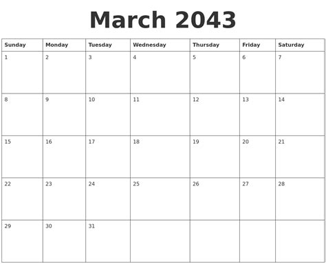 March 2043 Blank Calendar Template