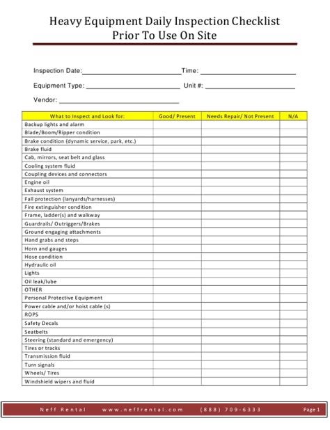 Heavy Equipment Daily Inspection Checklist Template Prior Within Heavy