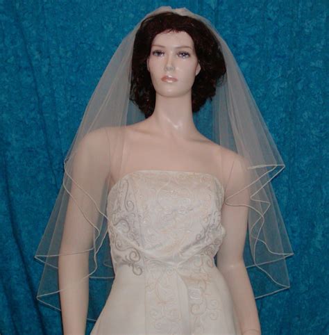 Two Tier Fingertip Bridal Wedding Veil Center Gathered Finished With A