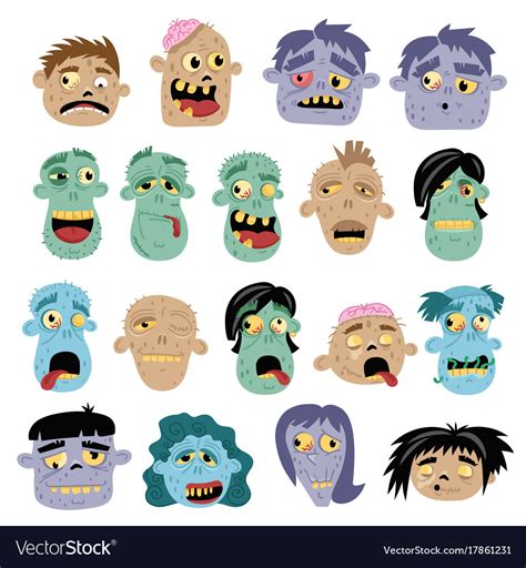 Funny Zombie Avatar Icon Set In Cartoon Style Vector Image