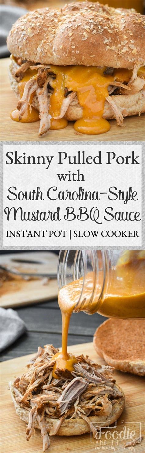 Pour water, wine, and soy sauce over the top, turning the pork to coat. Healthy Pulled Pork with Mustard BBQ Sauce {Instant Pot | Slow Cooker} | The Foodie and The Fix