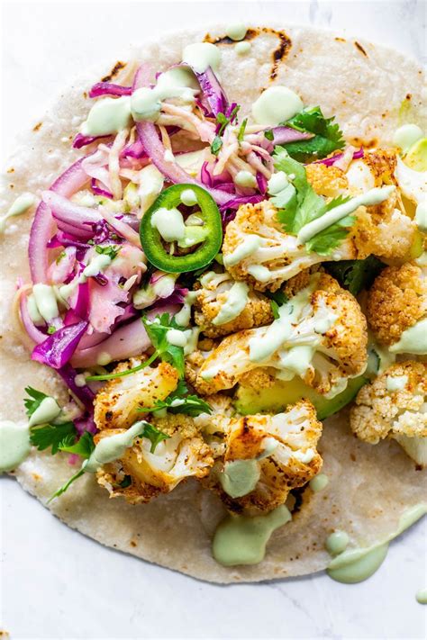 Healthy Mexican Roasted Cauliflower Tacos With Cashew Lime Crema Paleo