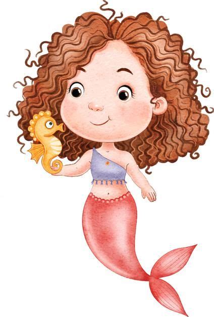 Adorable Little Mermaid With Curly Hair And Seahorse Isolated On White
