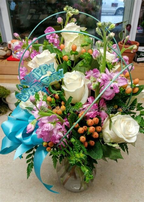 Beautiful Birthday Bouquet Of Roses And Stock By Forget Me Not Flowers