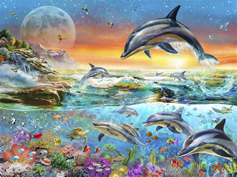 Tropical Evening Dolphins Högkvalitativ Poster Photowall