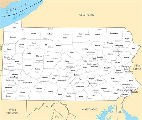 Large administrative map of Pennsylvania state with major cities