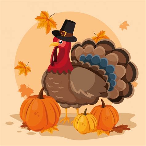 Premium Vector Turkey With Pumpkins And Hat Pilgrim Of Thanksgiving Day