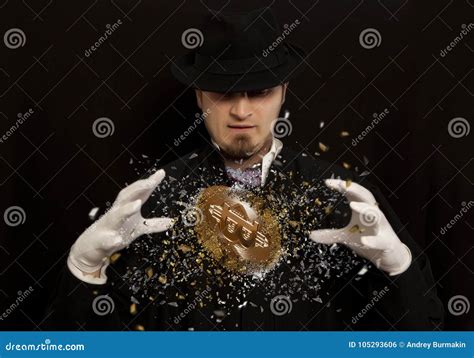 Magician Working Gold Bitcoin Coin Stock Photo Image Of Concept