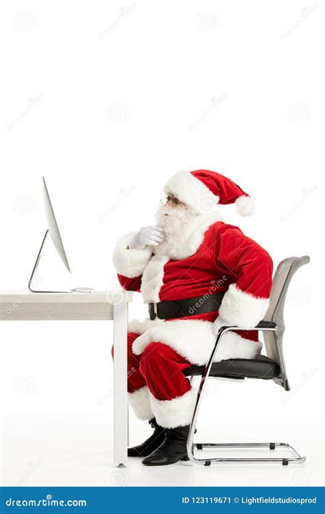 Thoughtful Santa Claus Looking At Computer Stock Image Image Of