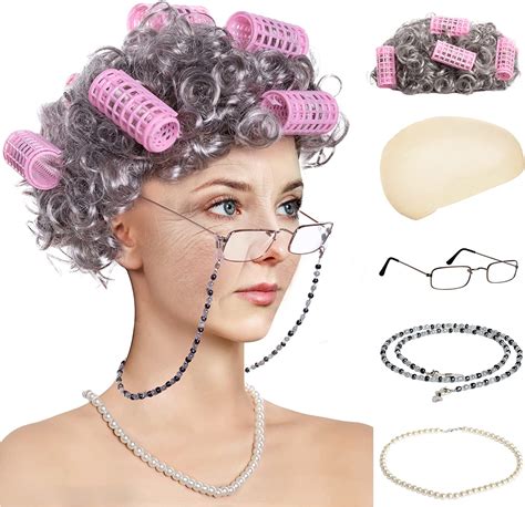 zivyes old lady costume granny wig wig cap madea granny glasses eyeglass chains pearl beads