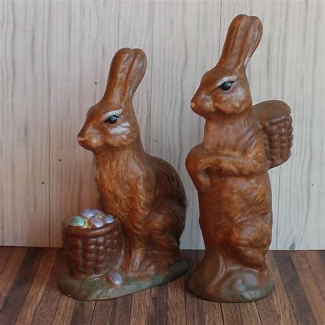 Vintage Ceramic Easter Bunny Rabbit Figurine Set Of 2 Brown Figure With Easter Baskets Eggs Faux