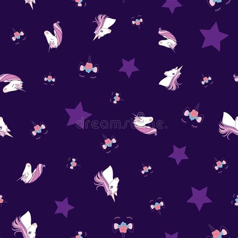 Abstract Unicorns And Stars Seamless Pattern On Purple Background Stock