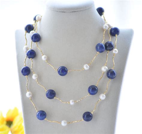 P Round Blue Lapis Lazuli White Freshwater Pearl Necklace Ebay