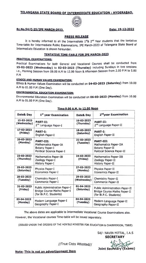 Ts Inter Exam Time Table 2024 Tsbietelangana Intermediate Timetable