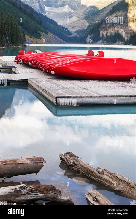 Red Canoes On Lake Louise Dock In Banff National Parkbanff Alberta