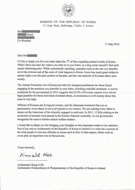 Start the final paragraph by stating plainly what direct action you require from the embassy from your request, if any. Response letter from Embassy of Korea in Ireland_May 11, 2 ...