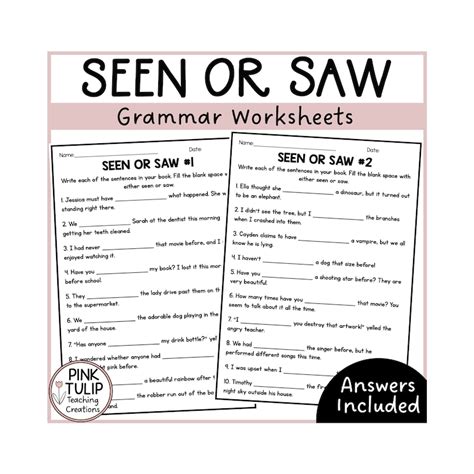 Seen Or Saw Grammar Worksheets Etsy