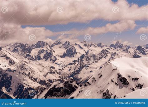 Snow Capped Mountain Peaks In Spring North Caucasus Stock Image