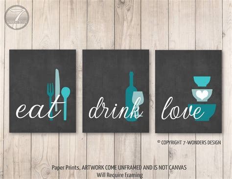 Kitchen Wall Art Print Set Eat Drink Love Charcoal