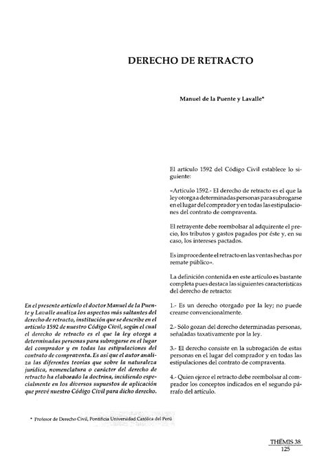 Derecho De Retracto Manuel De La Puente Y Lavalle Derecho De Retracto