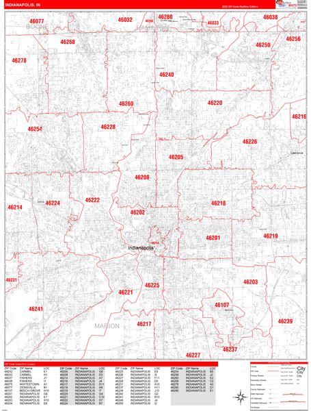 Indianapolis Indiana Zip Code Wall Map Red Line Style By Marketmaps
