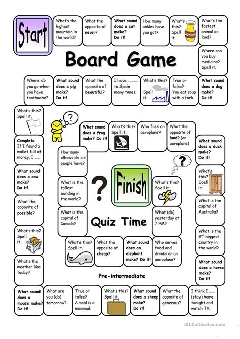 Board Game Quiz Time Pre Intermediate English Esl Worksheets Board Games English Games