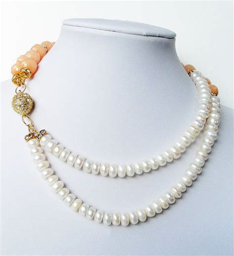 Orange Jade White Pearl Necklace Layered Asymmetric By Bijijewelry