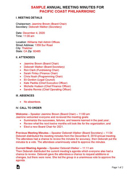 Free Annual Meeting Minutes Template Sample Pdf Word Eforms