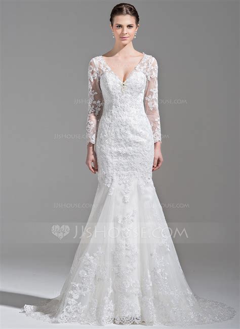 Trumpetmermaid V Neck Chapel Train Tulle Wedding Dress With Beading