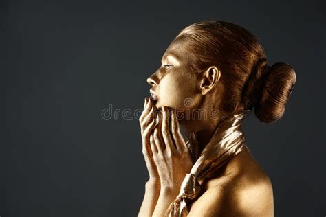 Portrait Of Beautiful Lady With Gold Paint On Skin Stock Image Image