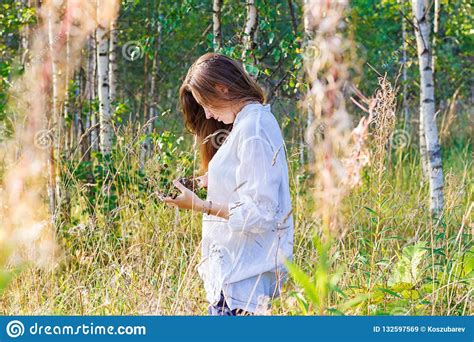 Girl Collects Wild Flowers And Herbs Stock Image Image Of Beautiful
