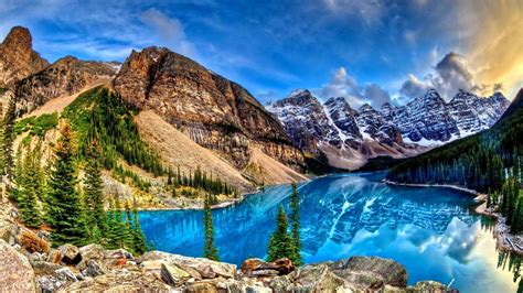 Amazing Blue Lake Reflecting The Mountains Hd Desktop Wallpaper