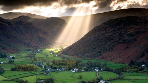 Nature Landscape Clouds Trees England Uk Sun Rays Sunlight Valley Hill Mountain