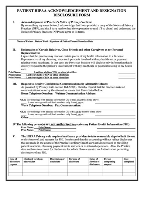 Patient Hipaa Acknowledgement And Designation Disclosure Form Printable