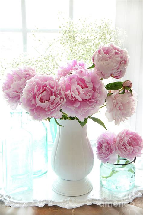 Shabby Chic Cottage Romantic Pink White Peonies In Window Romantic