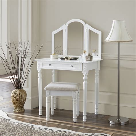 This vanity table setcan go with any decoration or furniture in your room, and perfect sizemakes it very suitable for limited space. Fineboard Three Mirror Vanity Dressing Table Set with ...