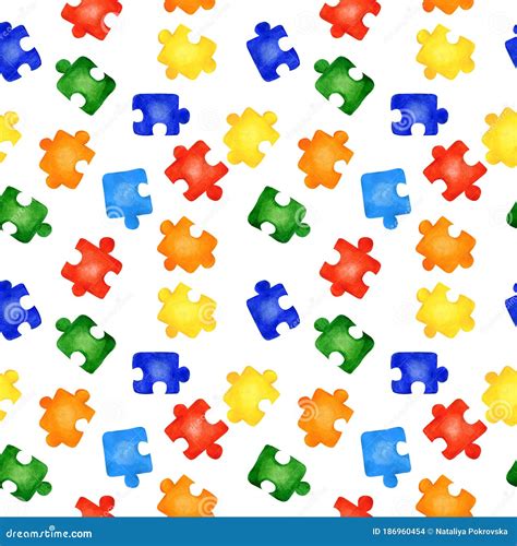 Seamless Pattern With Colorful Jigsaw Puzzles On White Background
