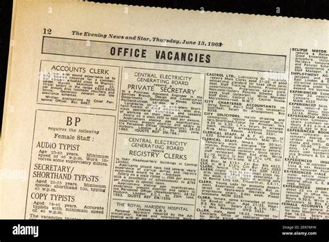 Advert for office job vacancies in the Evening News newspaper (Thursday