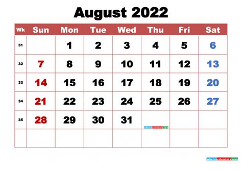 Free August 2022 Calendar With Holidays Printable