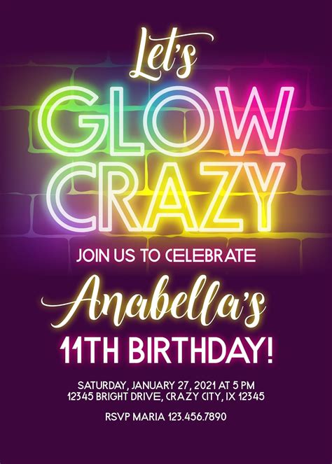 Glow Birthday Invitation Girl Birthday Invitation Neon Glow In Etsy
